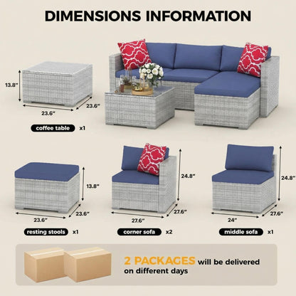 5-Piece Patio Sectional Sofa Set, All-Weather Brown PE Rattan Outdoor Conversation Furniture with Neutral-Tone Cushions, Glass Coffee Table & Footstool, Modular Design for Garden, Porch, Balcony, Pool
