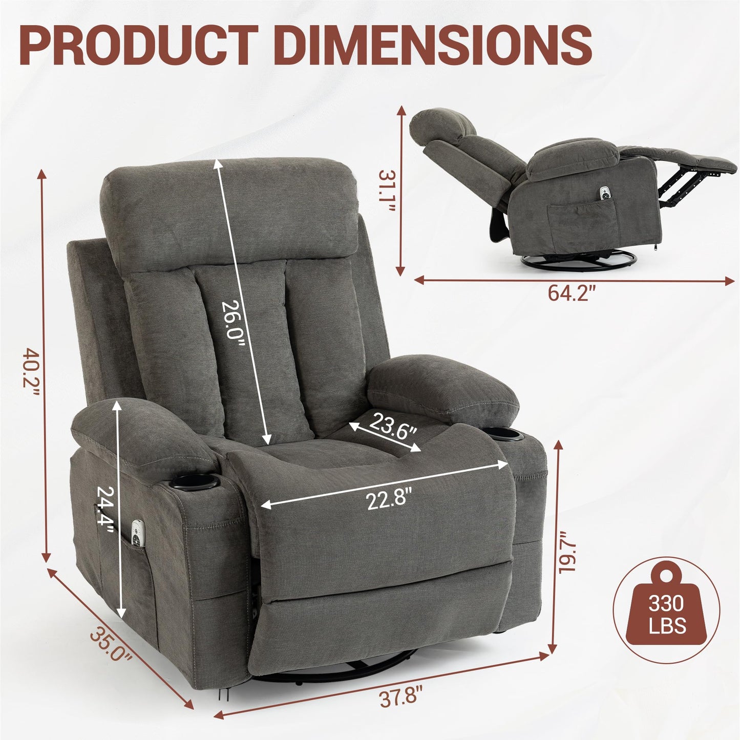 WINVO Rocker Recliner, Glider Recliner Chairs for Adults, 360° Swivel Recliner Chair w/Massage and Heating, Nursery Chair with Rocking Function, Side Pocket, Cup Holders for Living Room, Bedroom, Grey
