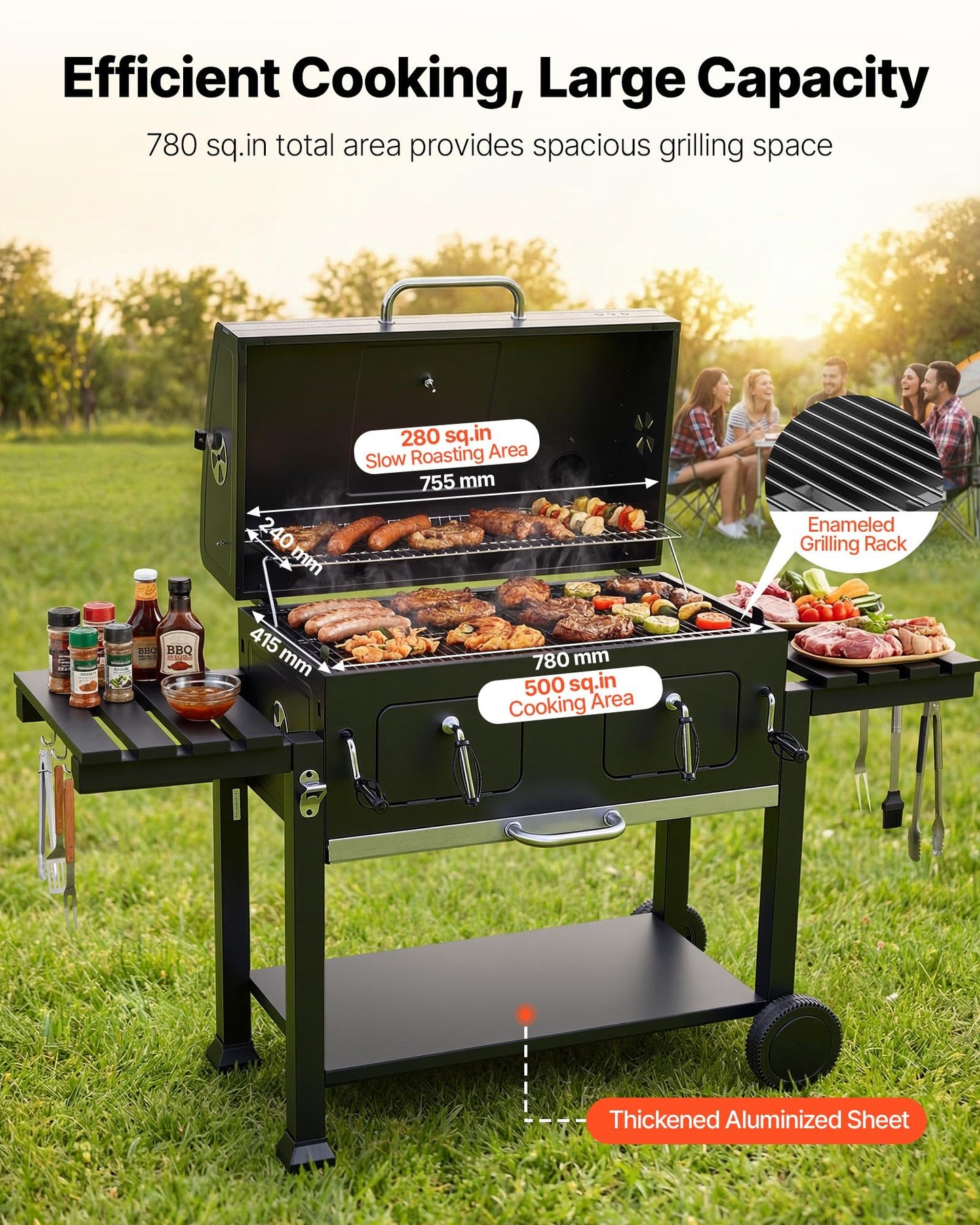 VEVOR Charcoal Grill, 780 sq.in. Extra-Large Charcoal Barbecue Grill with 2 Liftable Charcoal Trays & Folding Side Tables, High-Temp Powder-Coated Steel BBQ Cooking Grills for Patio Backyard Parties