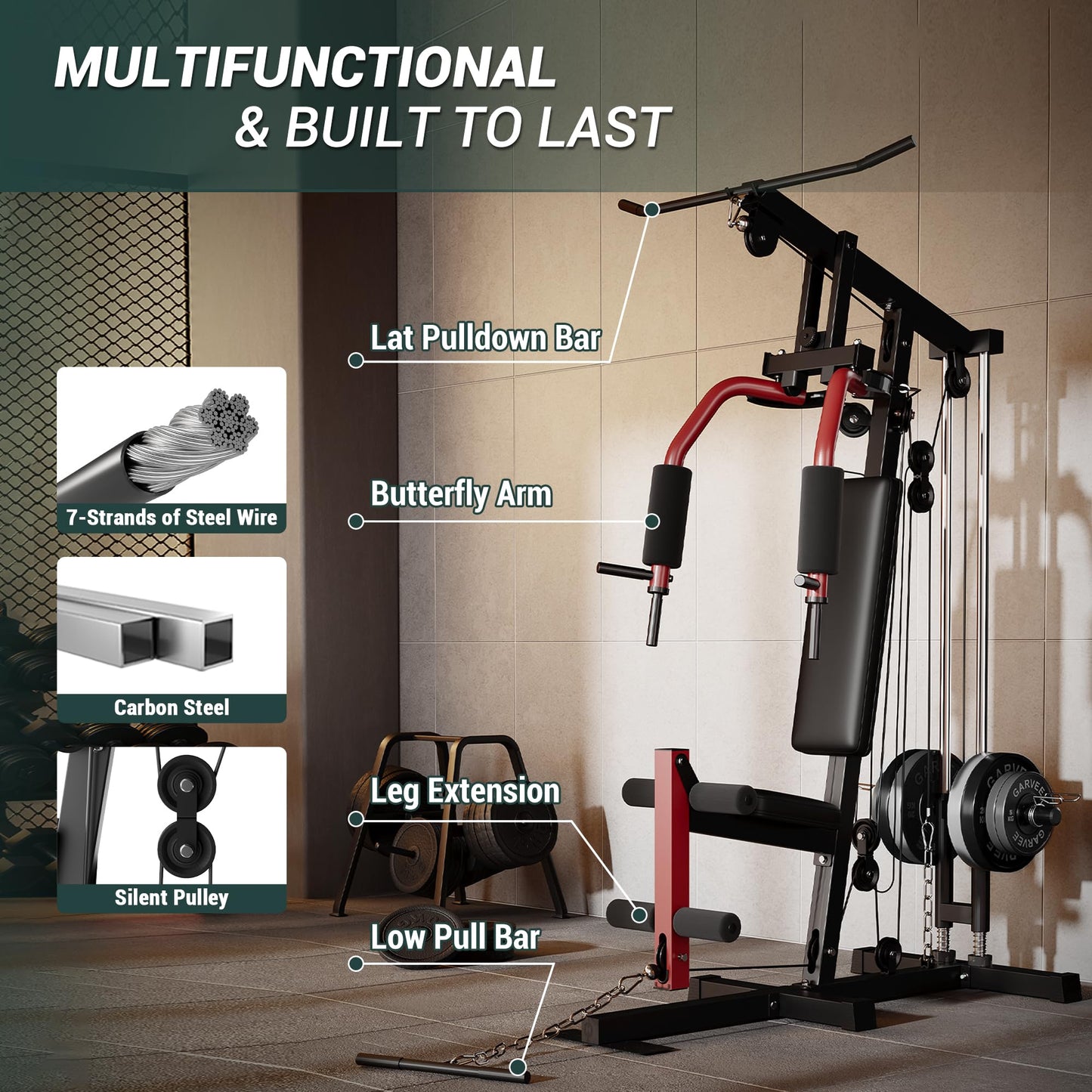 5-in-1 Multifunctional Home Gym Equipment: Full Body Workout Machine with LAT Pulldown, Chest Press, Leg Extension & Seated Row | 300 LB Capacity | Fits 1 in & 2 in Weight Plates (Not Included)
