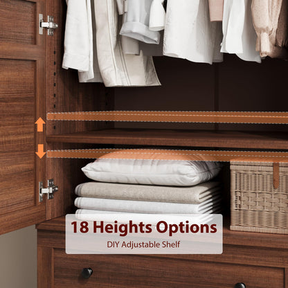GarveeHome Armoire Wardrobe Closet with 2 Drawers,72 in Wooden Wardrobe Cabinet with Hanging Rod, Tall Clothing Armoire Cabinet with Doors and 18 Adjustable Shelves for Bedroom, Clothes,Walunt Brown
