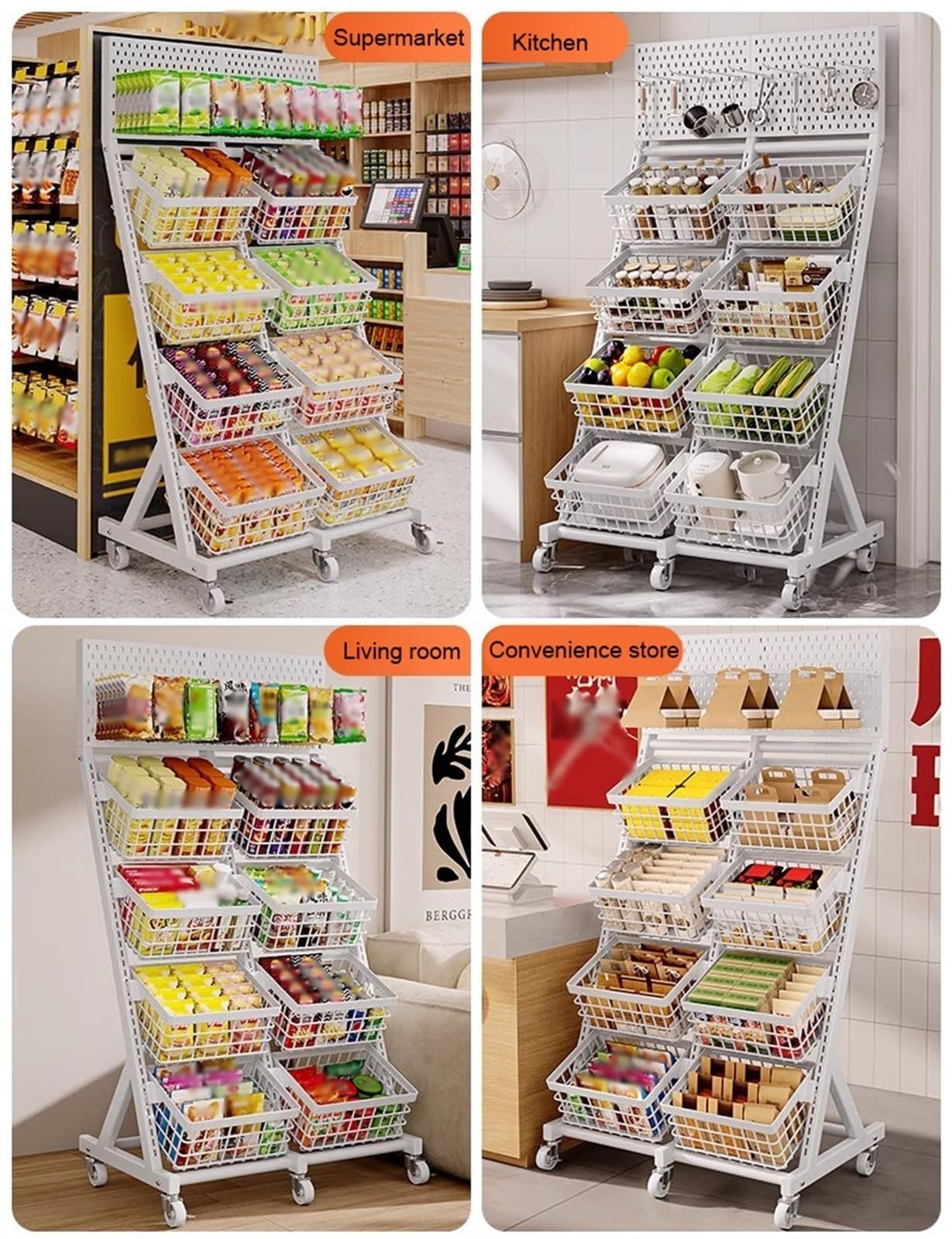 WDJBPSH Rolling Snack Candy Display Rack, Floor-Standing Concession Display Stand with Hanging Hook, Chocolate/Bread/Potato Chips/Cereal/Jelly/Coffee Capsules Organizer(White,8 Basket)