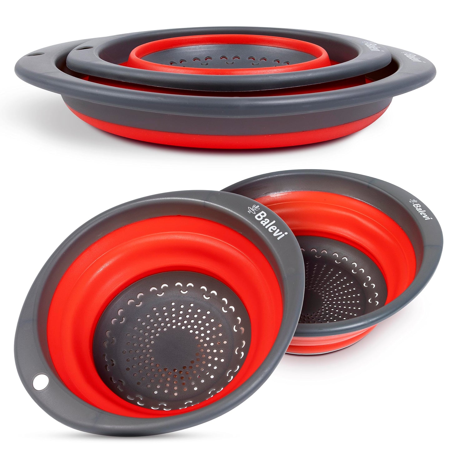 "Balevi Collapsible Strainers for Kitchen - Collapsible Colander Set of 2 Made of Silicone - Collapsible Strainer with Little Pegs to Keep Food Elevated - Red "