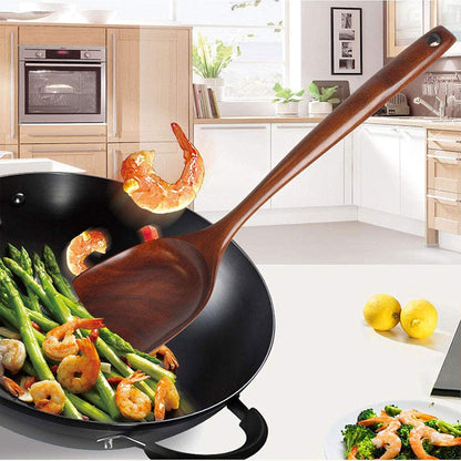 FJNATINH Wooden Wok Spatula Ladle Tool Set, 14-inch Long Handle Teak Spatula