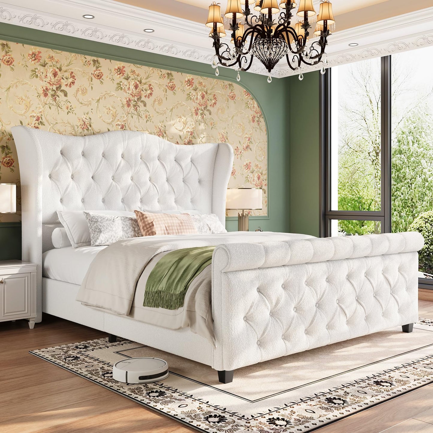 koorlian King Size Bed Frame,Chenille Upholstered Sleigh Bed with Scroll Wingback Headboard & Footboard,Luxury & Soft Button Tufted Modern Bed,Easy Assembly,No Box Spring Needed