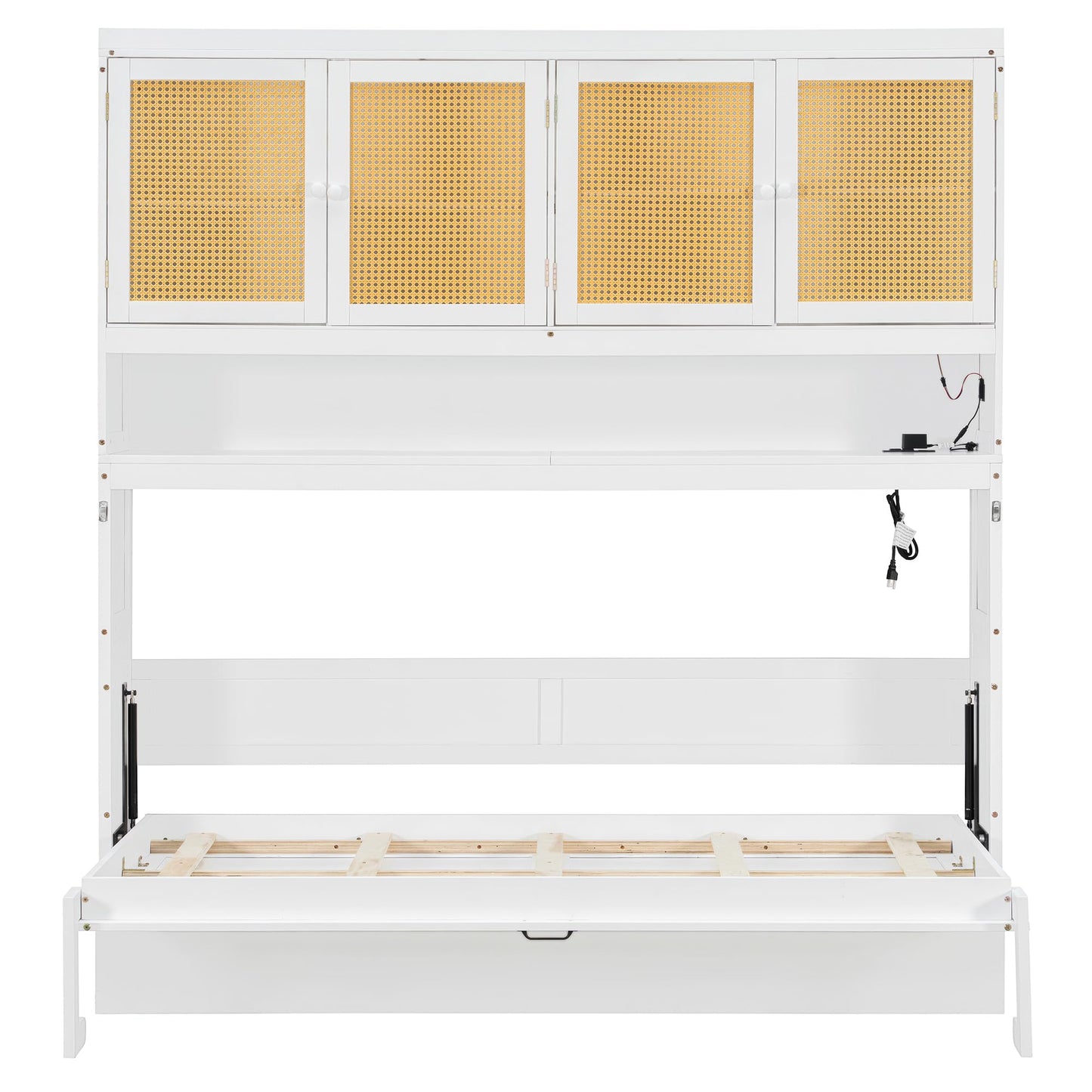 DNYN Murphy Bed Frame with Top Cabinet and LED for Bedroom/Guest/Study Room, Twin Size Wooden Foldable Wall Bed with USB Ports, Space-Saving Design & No Box Spring Needed