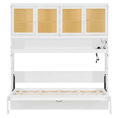 Merax Twin Murphy Bed Frame with Top Cabinet, Multi Storage Shelves & 4 Ratten Doors, 2-in-1 Bed Desk Space Saving Foldable Wall Bed with Light & USB Charging Ports, White