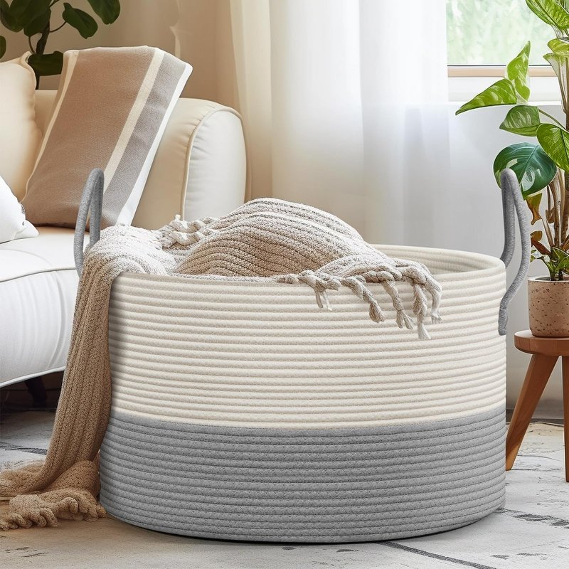 noonkty Blanket Basket Living Room - Toy Storage Basket, 21.7" X 21.7" X 13.8" XXL Cotton Rope Woven Laundry Baskets with Handles, Large Baskets for Storage Nursery Hamper