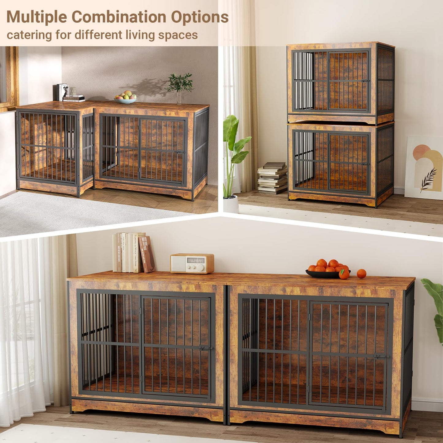 Rovibek Double Dog Crate Furniture, 86 Inch, 2 Dog Crate with Removable Divider & Trays, Furniture Style Dog Cage for 2 Dogs Indoor with Three Doors, Rustic Brown