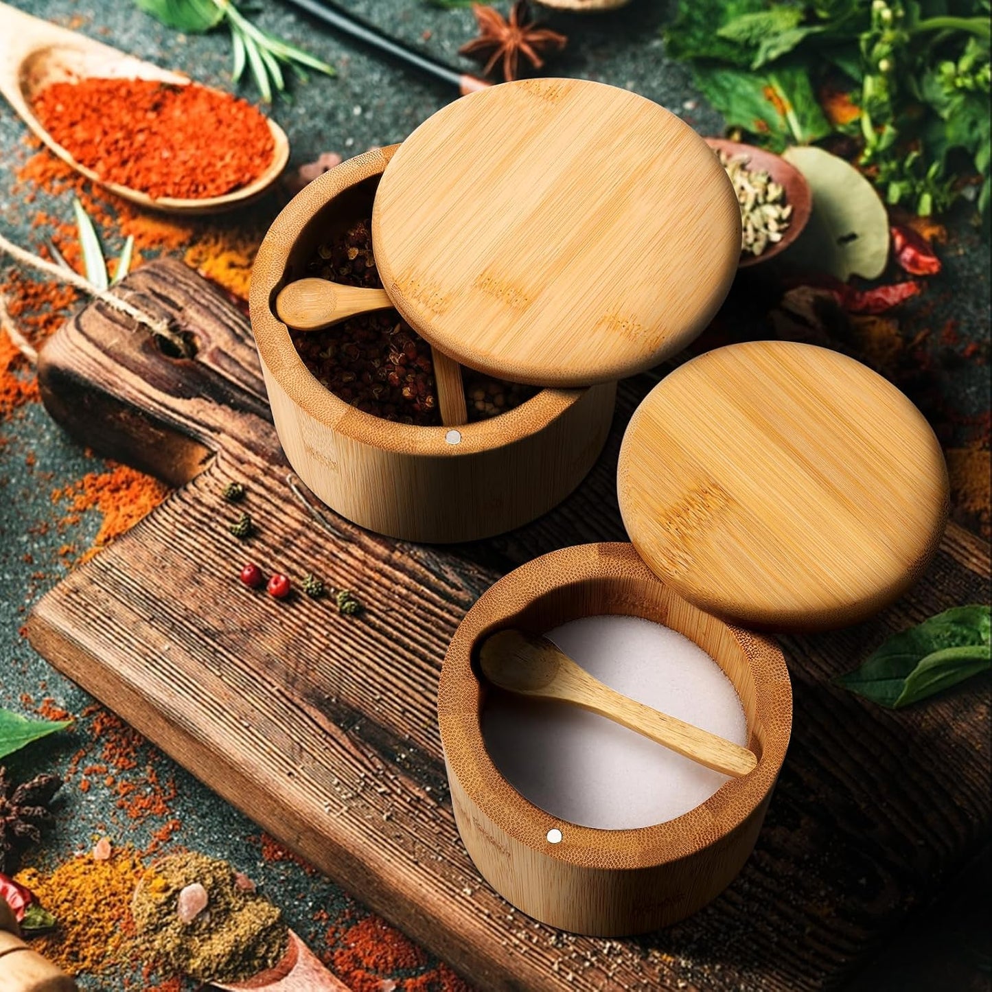 Natural Bamboo Salt and Pepper Bowl, Bamboo Salt Cellar with Built-in Spoon and Magnetic Swivel Lid, Single Compartment