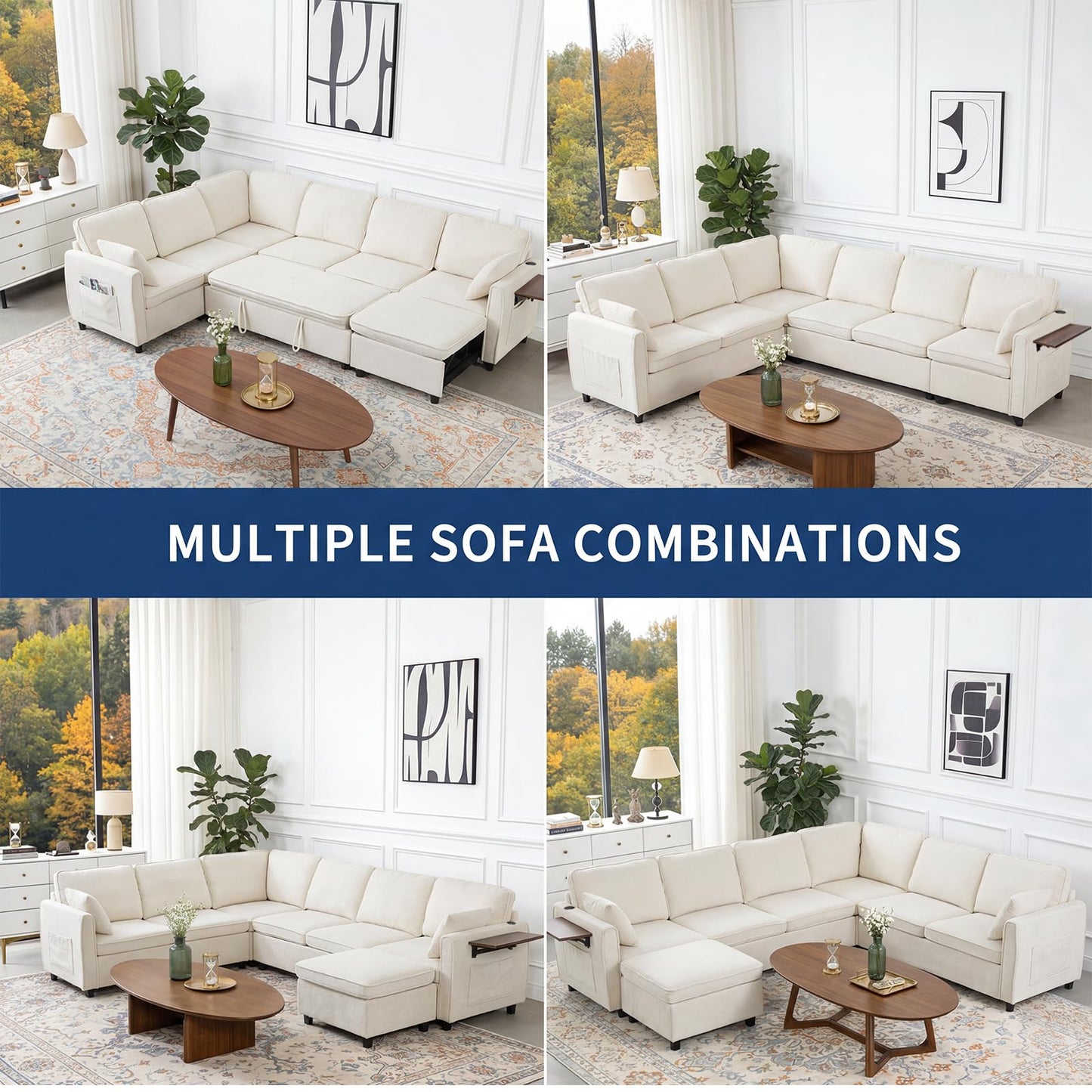 Modular Sectional Sleeper Sofa with Pull Out Bed, 116" Large U Shaped 7 Seater Sectional Couches with Ottoman, Charging Port & Foldable Side Table, Comfy Chenille Cloud Sofas for Living Room, Beige
