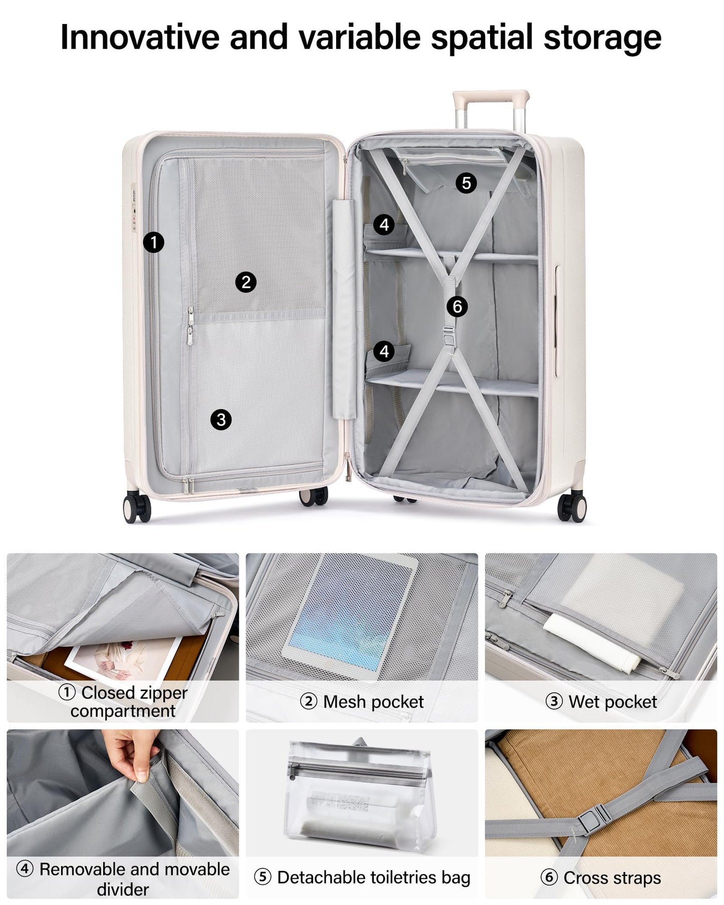 Hanke 24 Inch Plus Expandable Luggage Large Suitcases with Wheels, Medium Checked Luggage Hard Shell Suitcases, PC Trunk Luggage Extra Large Suitcase with Lock for Women Men(Ivory White)