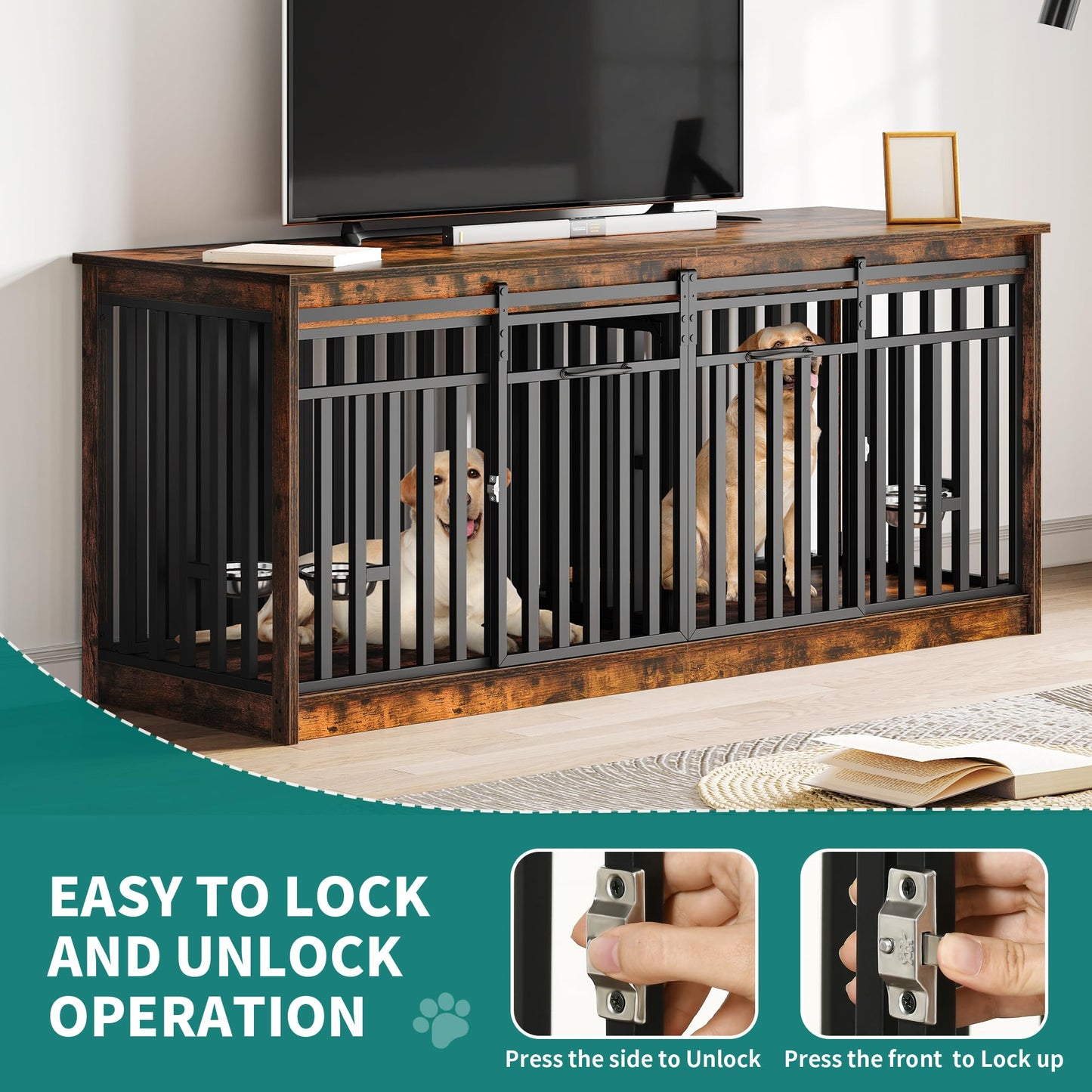 71 Inch Double Dog Crate Furniture for 2 Dogs, Heavy Duty Wooden Dog Crate TV Stand with 4 Dog Bowls, Dog Kennel Indoor Furniture Sliding Barn Door Design for Extra Large Dogs, Rustic Brown