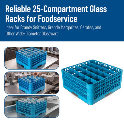 Carlisle FoodService Products Opticlean 25-Compartment Divided Glass Rack with 3 Extenders, Plastic, 19.875 x 19.875 x 8.5 Inches, Carlisle Blue