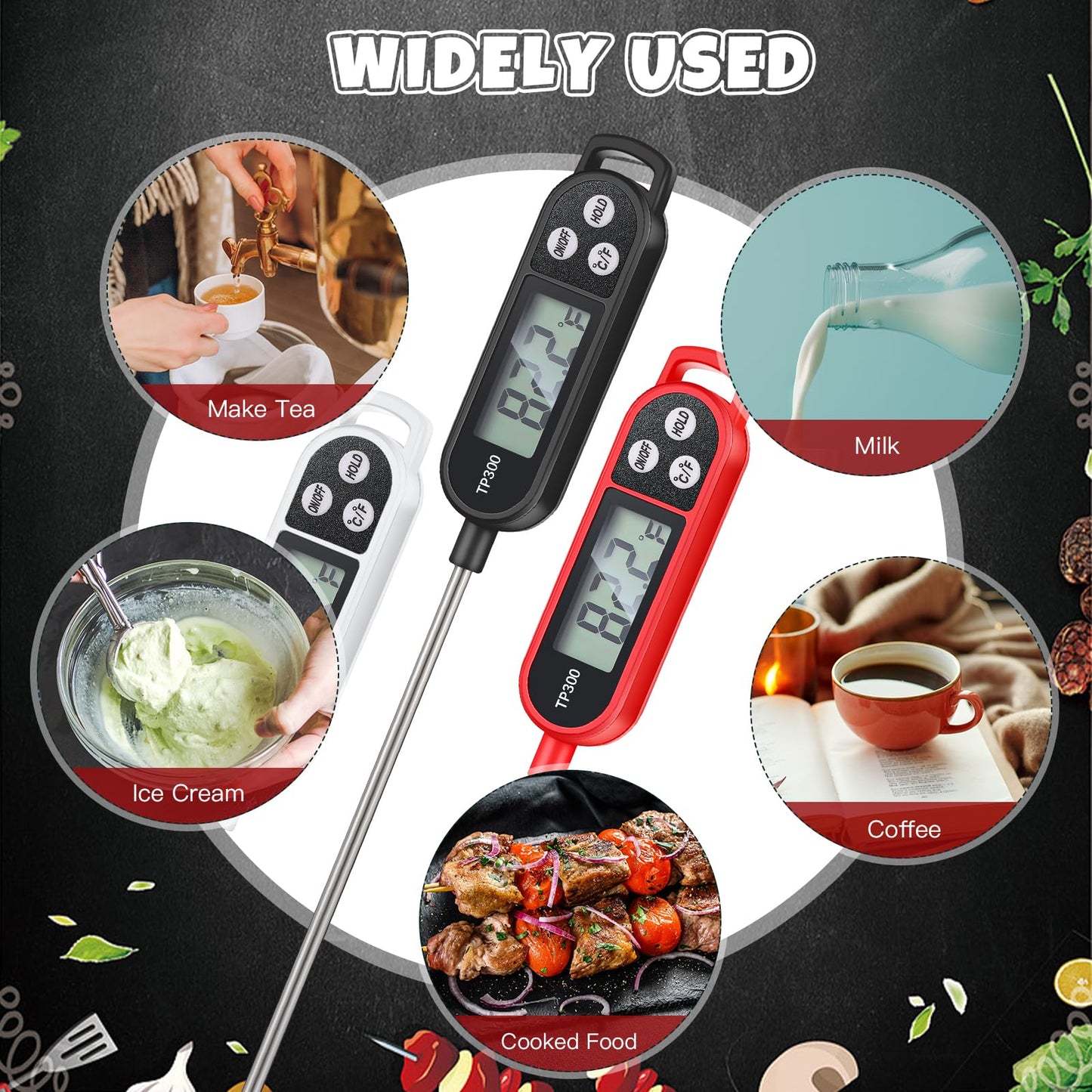 6 Pcs Instant Read Meat Thermometer with Long Probe 9.65 Inch Kitchen Cooking Food Candy Waterproof Digital Thermometer for BBQ Water Milk Yogurt Liquid (Round&Square Ring,Black,White,Red)