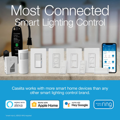 Lutron Claro Smart Light Switch for Caseta Lighting, for LED Lights, Fans, 5 Amp, Single-Pole/3-Way, Neutral Required, DVRF-5NSS-WH-2, White, 2 Pack