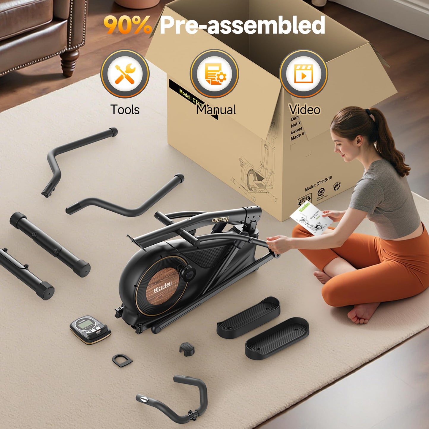 Niceday Elliptical Exercise Machine, Elliptical Machine for Home Use, Magnetic Elliptical Trainer with 18IN Stride, 16 Resistance Levels, 400LBS Loading Capacity, Support Kinomap APP Black