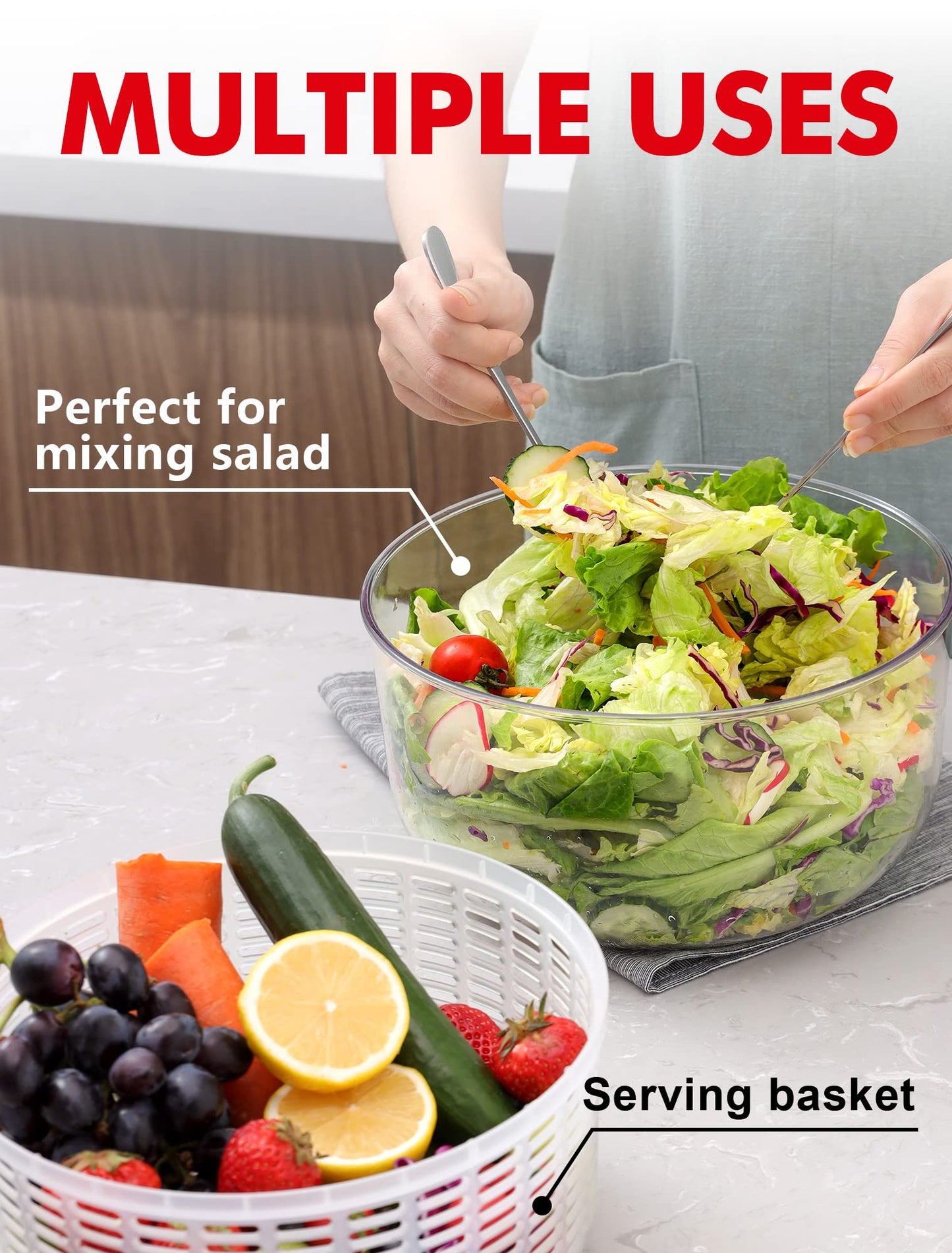 Salad Spinner Large 5L Capacity, Easy to Clean Lettuce Spinner with Bowl, Vegetable Washer Dryer Dishwasher Safe Ideal for Vegetables and Fruits without BPA, Large 4.5 Quart