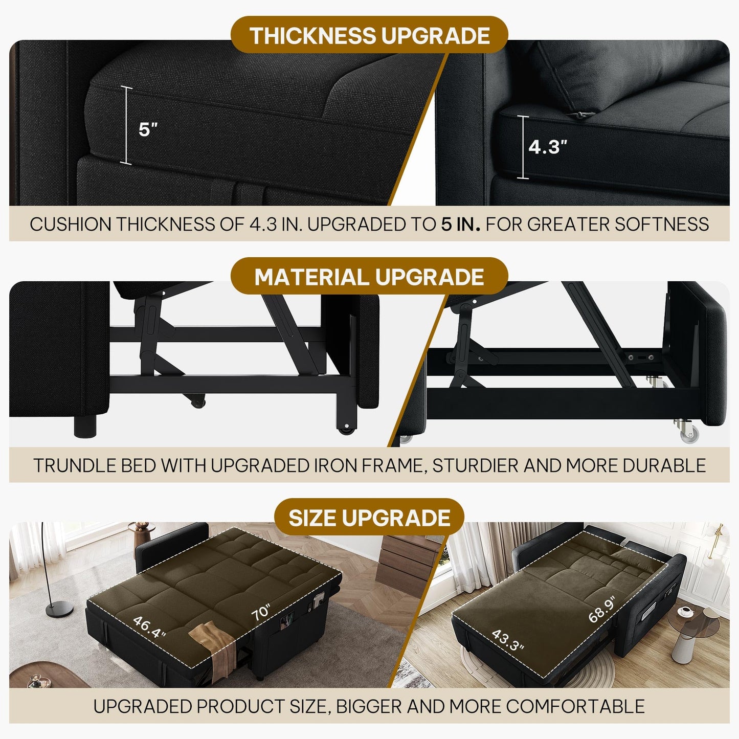 DWVO 55" Convertible Sofa Bed, 3-in-1 Sleeper Sofa with Pull-Out Bed, Linen Futon Couch with Adjustable Backrest and Side Pocket, Modern Loveseat for Living Room Apartment, Balck