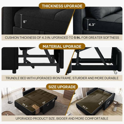 DWVO 55" Convertible Sofa Bed, 3-in-1 Sleeper Sofa with Pull-Out Bed, Linen Futon Couch with Adjustable Backrest and Side Pocket, Modern Loveseat for Living Room Apartment, Balck