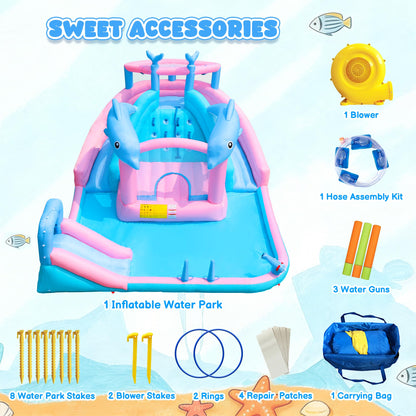 BounBounTime Inflatable Water Slide, Dolphin Bounce House for Kids 3-12, Water Park with Blower, Splash Pool, Climbing Wall, Water Cannon, Bouncy Castle for Backyard Summer Fun, 195 x 162 x 104 inches