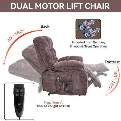 RHHVVR Oversized Power Lift Recliner Chair for Elderly, Dual Motor Lay Flat Recliner Big Chair with Massage and Heating, Chenille Electric Recliner Chairs for Living Room, Medium-Firm, Brown