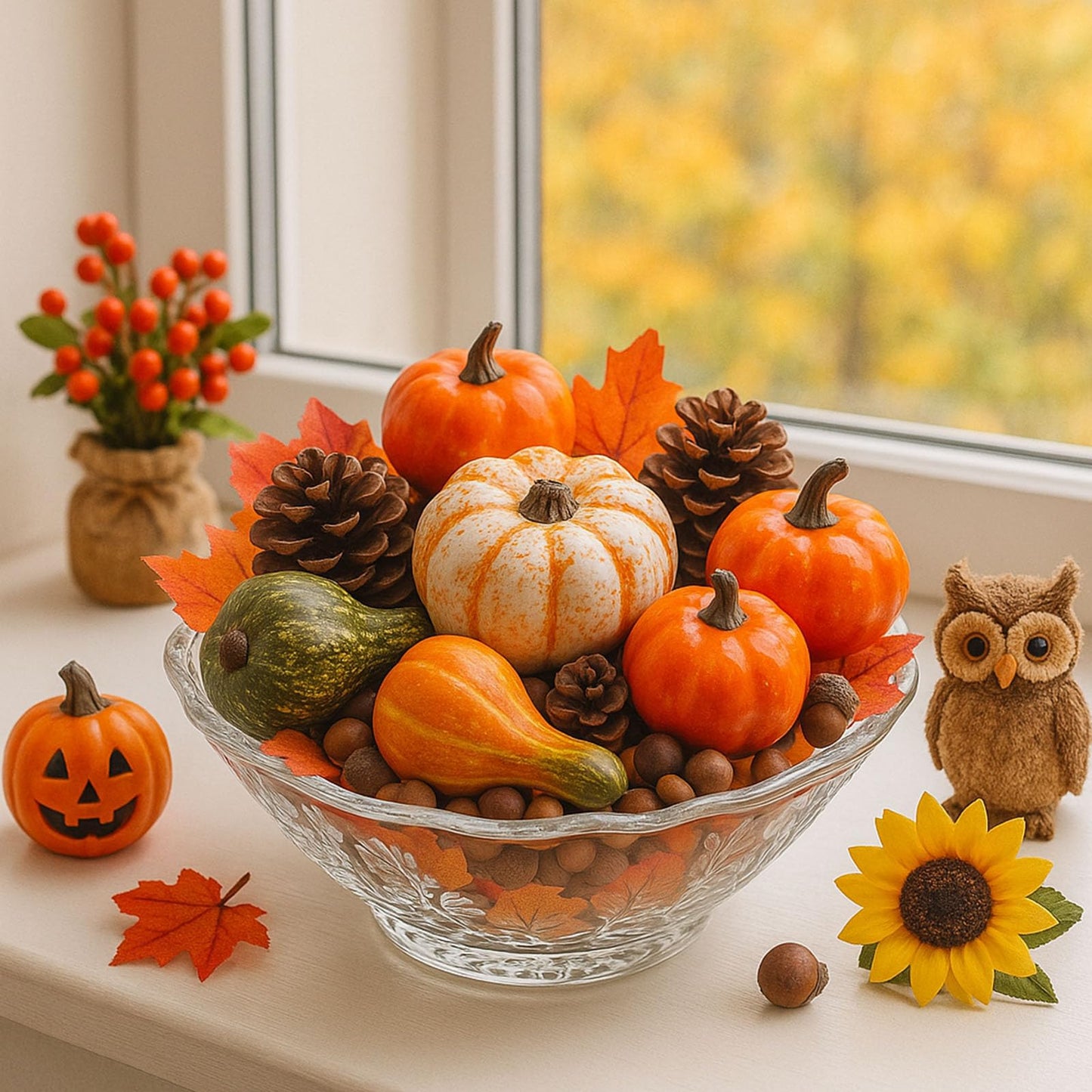 DomeStar Thanksgiving Mini Pumpkins, 8 Assorted Fake Pumpkins and Grounds 30 Maple Leaves 10 Acorns 2 Pine Cones Bowl Filler Fall Garland Wreath DIY Crafts for Harvest Table Centerpieces