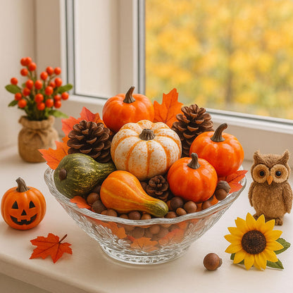 DomeStar Thanksgiving Mini Pumpkins, 8 Assorted Fake Pumpkins and Grounds 30 Maple Leaves 10 Acorns 2 Pine Cones Bowl Filler Fall Garland Wreath DIY Crafts for Harvest Table Centerpieces