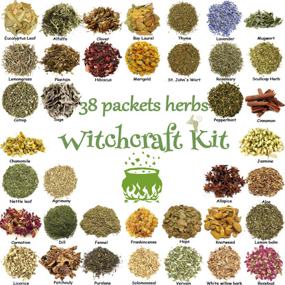 38Pcs Set Dried Herbs Witchcraft Supplies kit, Witchy Herbs for Witch Beginner, Wiccan,Wicca Altar Supplies Decor, Pagan, Magic Ritual and Spell, and Soap Making