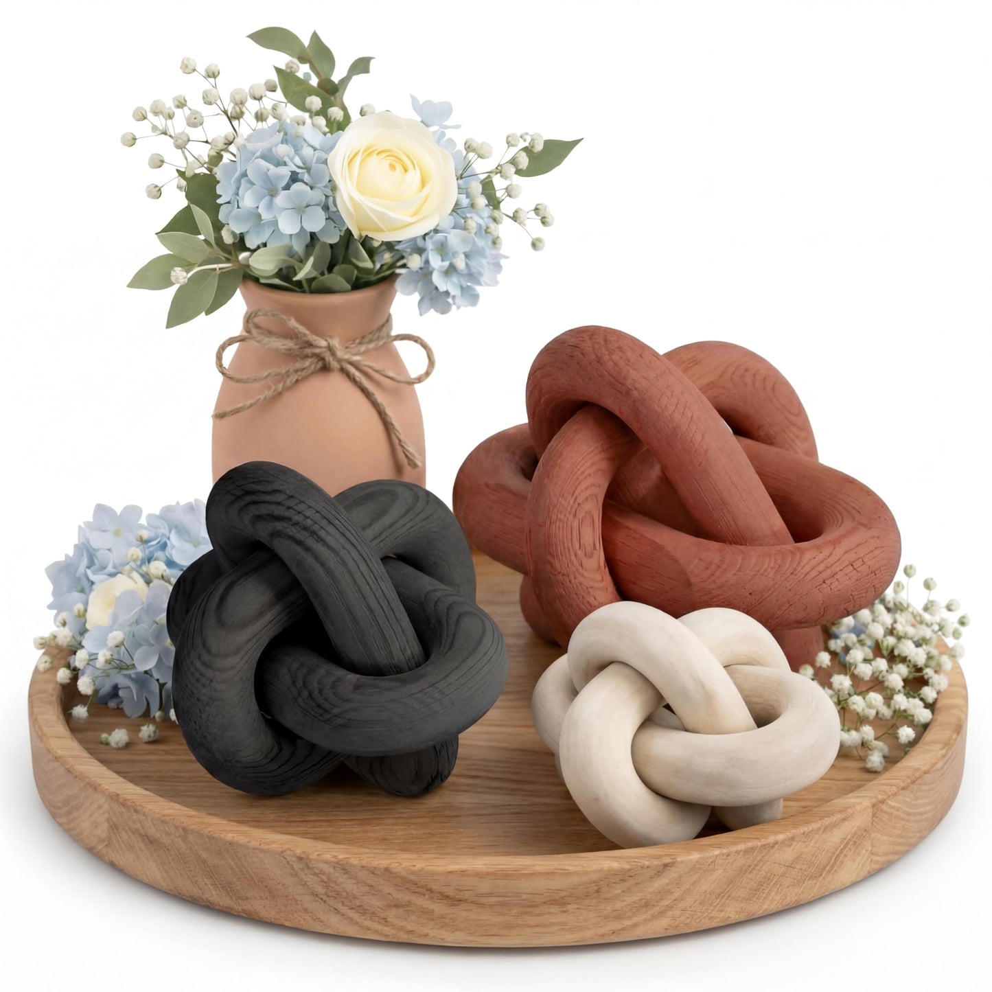 BrightRow Wood Knot Decorations Set of 3, Wooden Chain Link Coffee Table Decor, Modern Boho Farmhouse Rustic Home Decor for Living Room Shelf Tabletop Sizes 3.94", 4.72", 5.91"(Rust)