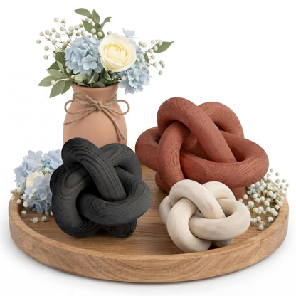 BrightRow Wood Knot Decorations Set of 3, Wooden Chain Link Coffee Table Decor, Modern Boho Farmhouse Rustic Home Decor for Living Room Shelf Tabletop Sizes 3.94", 4.72", 5.91"(Rust)