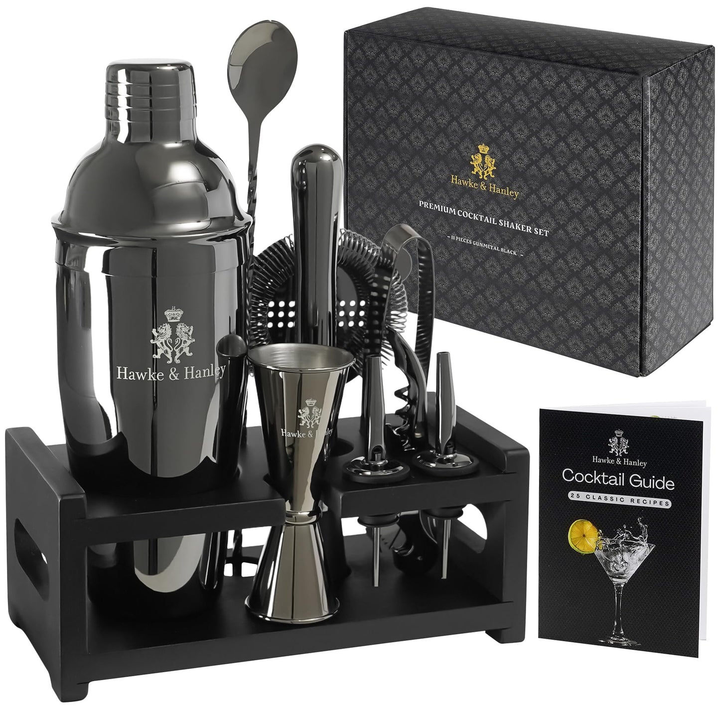 Hawke & Hanley Mixology Bartender Kit: Cocktail Shaker Bar Set with a Martini Shaker, Bar Tools and Black Bamboo Stand | Bartending Kit with Recipe Book | Unique Housewarming Gift (Black)
