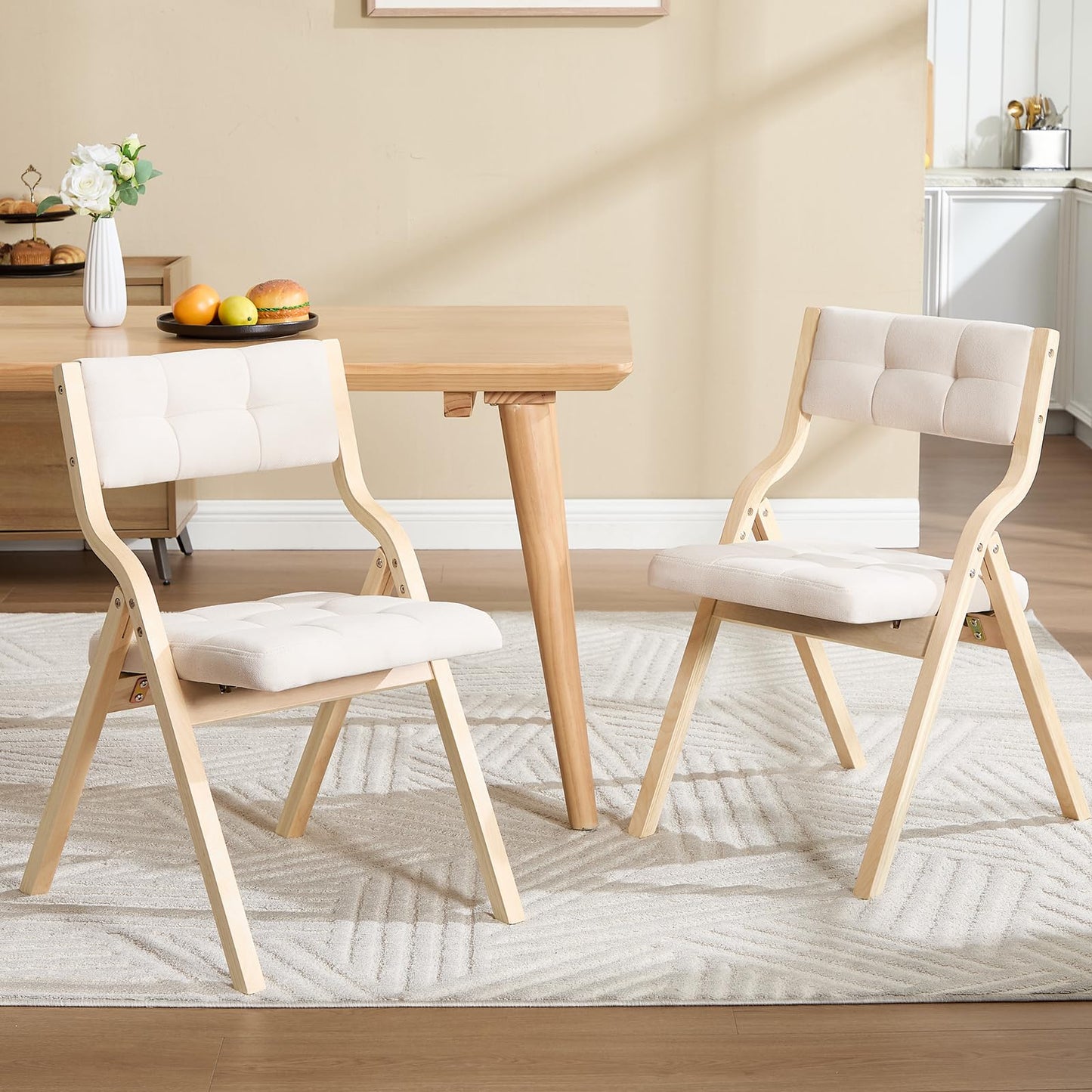 choairy Folding Dining Chairs Set of 4,Padded Foldable Dining Chairs with Cushion,Portable Wooden Folding Chairs for Dining Rooms Kitchen Wedding and Party Indoor Beige