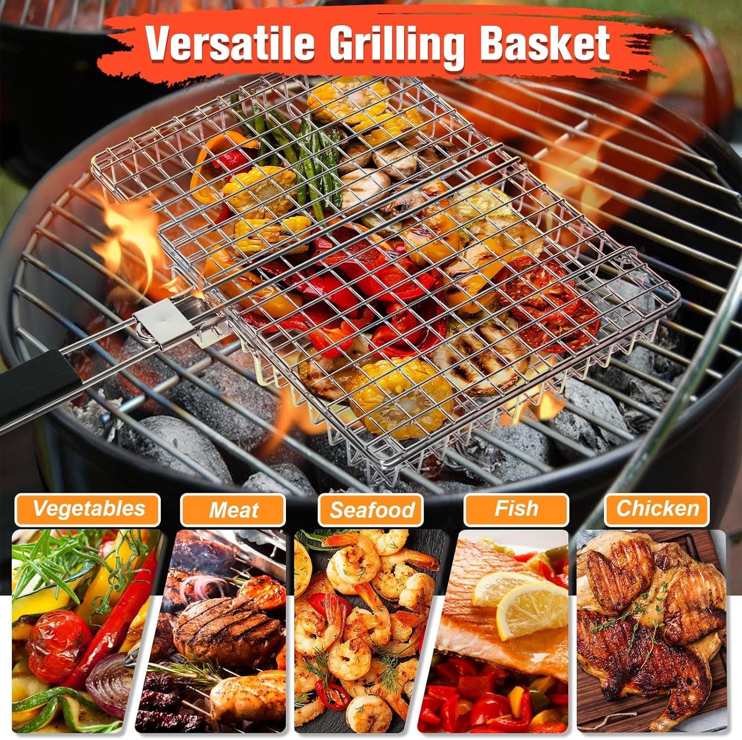 WHALERISE 6pcs,Basting Grill Basket for Outdoor Grill, Stainless Steel Grilling Basket with Foldable Handle, Portable