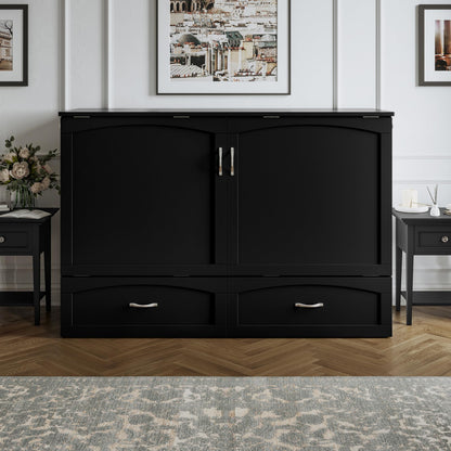 AFI, Marion Queen Wood Murphy Bed Chest with 6" Mattress, Storage Drawer, & Built-in Charger, Black