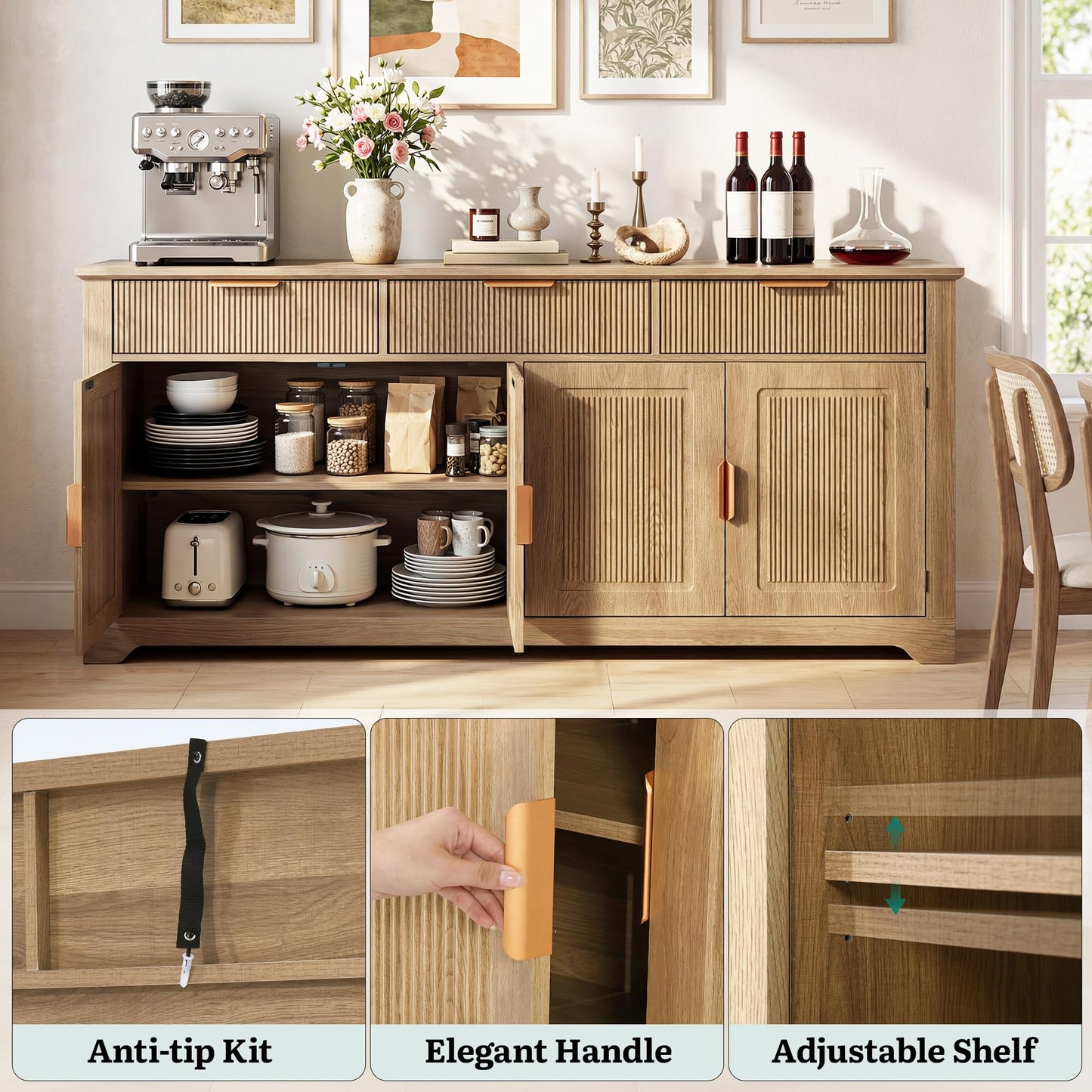 YITAHOME 59" Fluted Sideboard Buffet Cabinet with Storage, Wood Kitchen Storage Cabinet with Adjustable Shelves & Drawers, Mid Century Modern Credenza for Kitchen, Living Room, Entryway (Natural Oak)