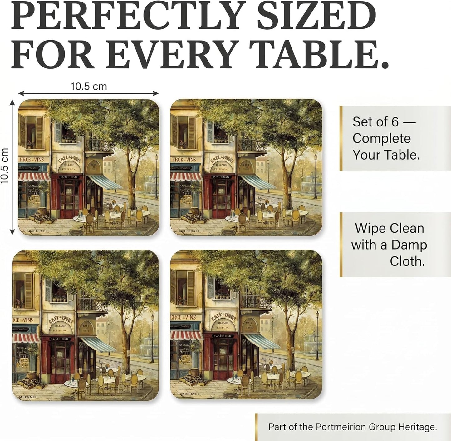 Set 4 4" Pimpernel Parisian Scenes Coasters, of Elegant Cork-Backed Boards Featuring Classic Paris Art Prints, Heat
