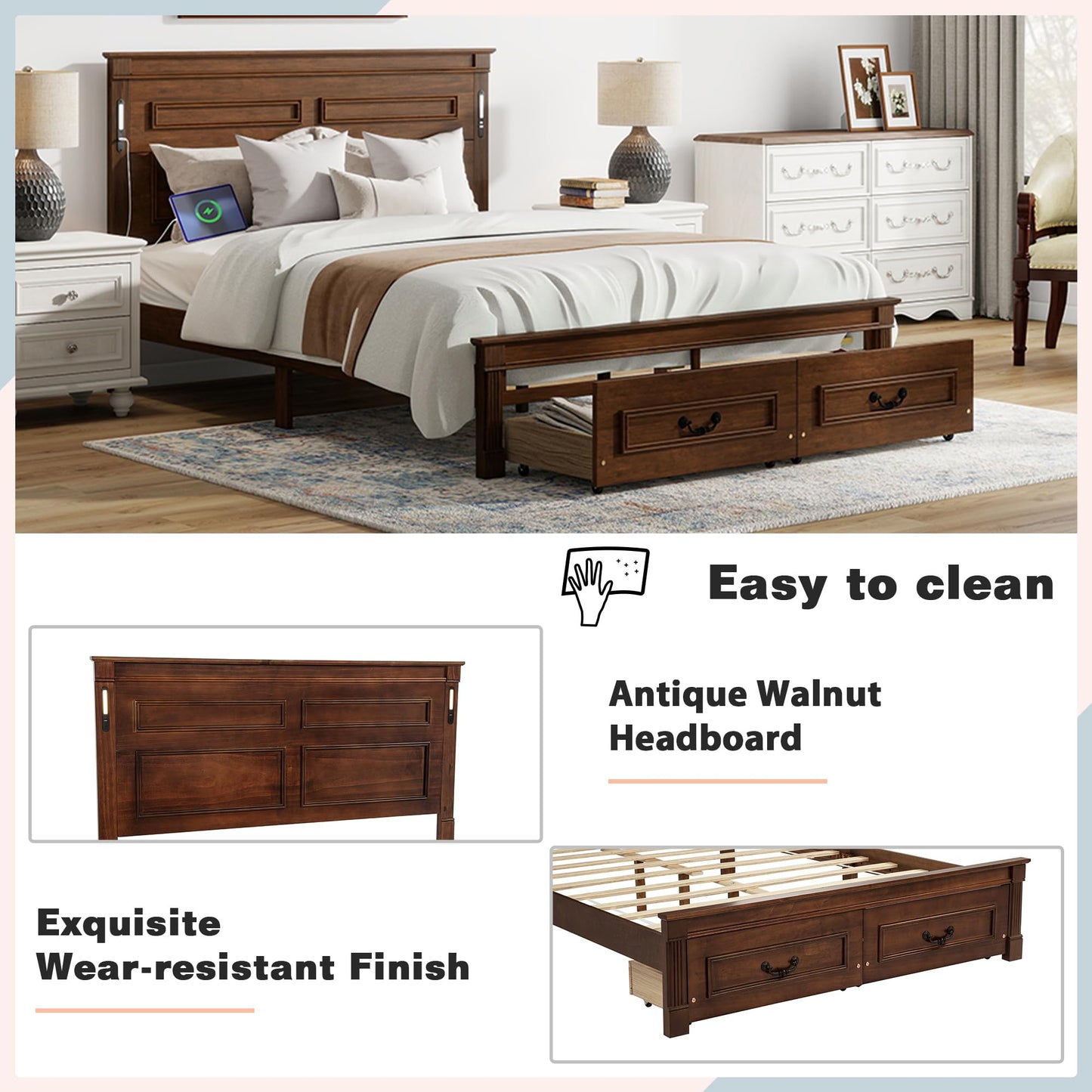 KEIKI Queen Size Farmhouse Bed Frame with 2 Storage Drawers & LED Lights & USB-C Charging Ports, Solid Wood Platform Bed with Tall Panel Headboard & Footboard, No Box Spring Needed, Walnut