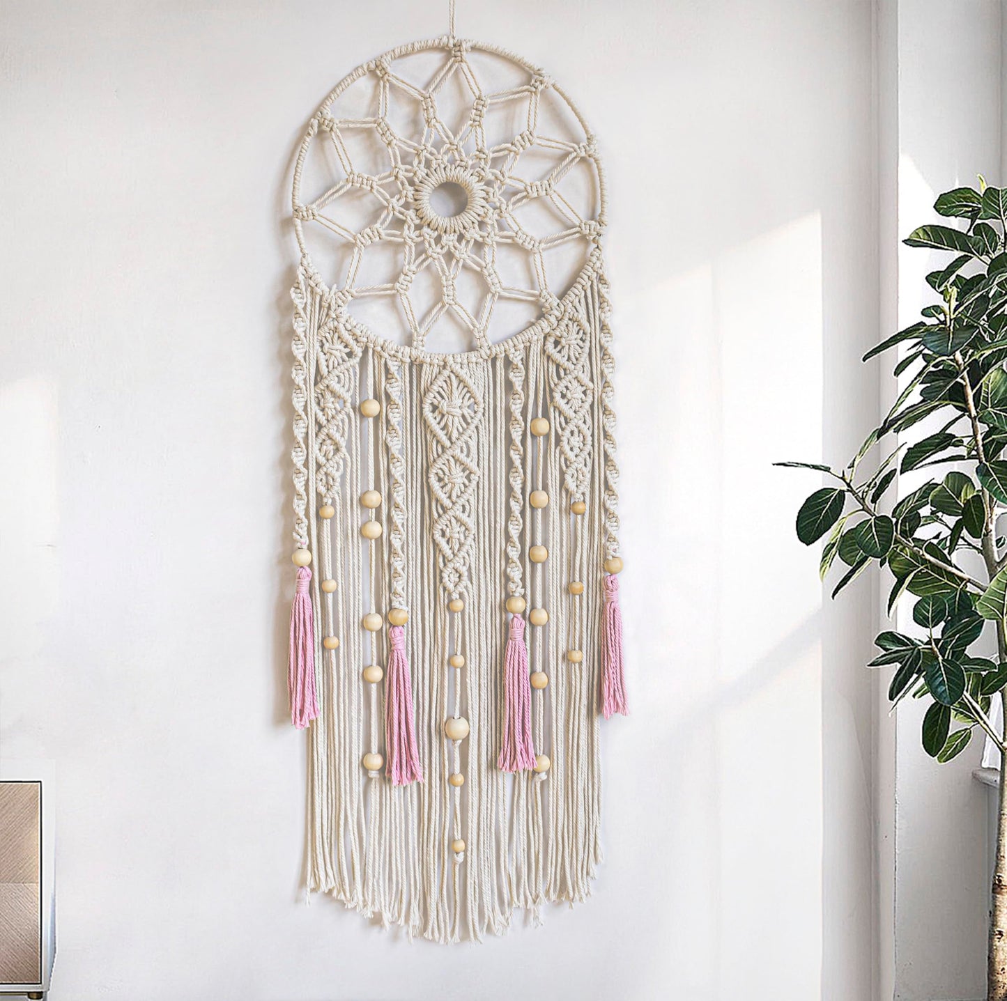 LB Boho Pink Macrame Wall Hanging Flower Dream Catcher Handmade Woven Cotton Tapestry with Wood beads Modern Aesthetic Wall Art Decor for Home, Bedroom, Living Room