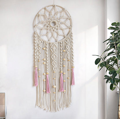 LB Boho Pink Macrame Wall Hanging Flower Dream Catcher Handmade Woven Cotton Tapestry with Wood beads Modern Aesthetic Wall Art Decor for Home, Bedroom, Living Room