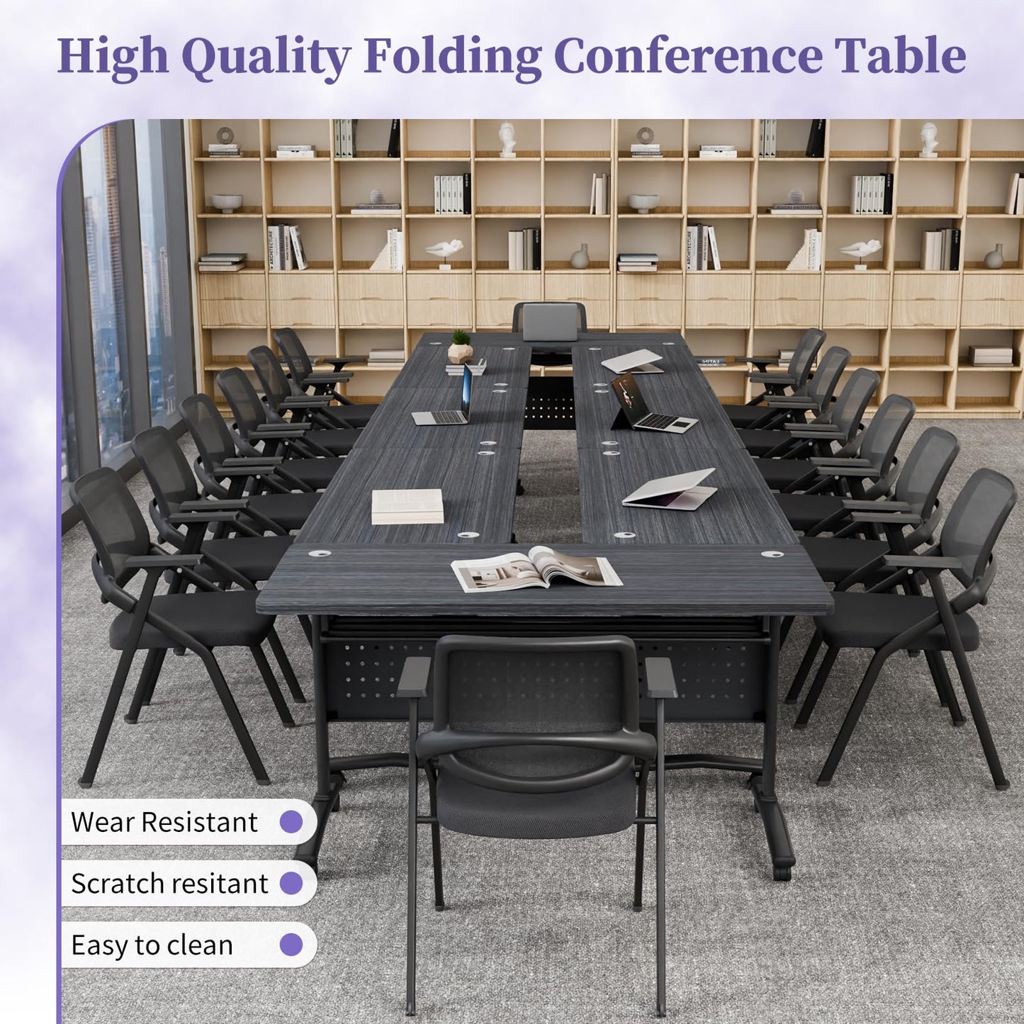 JNMDLAKO Folding Conference Room Table for 6-12 Person, Modular Mobile Large Flip-Top Training Table with Locking Wheels, Modern Rectangular Seminar Meeting Tables for Office (6, Black, 61in)