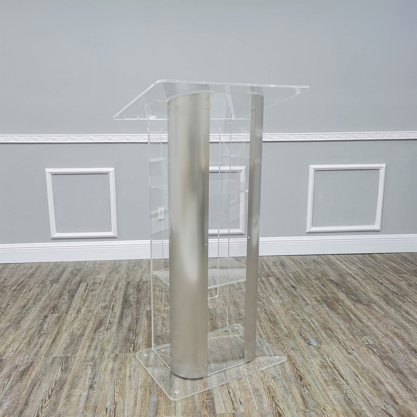 FixtureDisplays® Brushed Stainless Steel Sides Pulpit Clear Acrylic Plexiglass Podium Curved Lectern 14307NEW