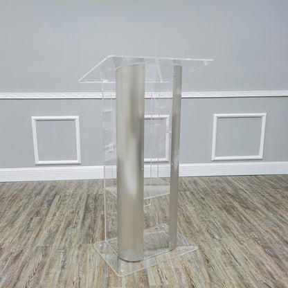 FixtureDisplays® Brushed Stainless Steel Sides Pulpit Clear Acrylic Plexiglass Podium Curved Lectern 14307NEW