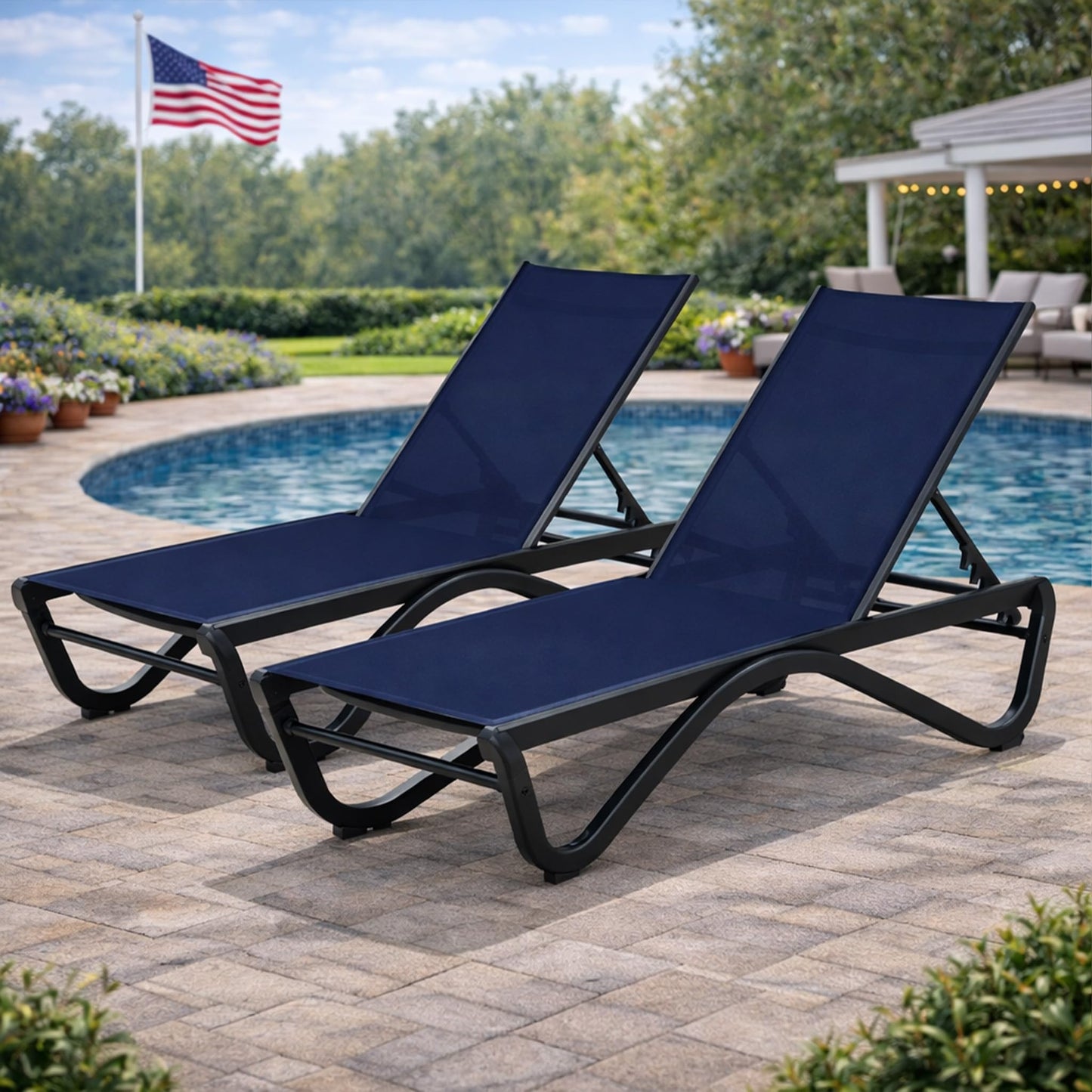 Kozyard Outdoor Chaise Lounge Chair, All Aluminum Frame and Textilene Fabric, Fully Flat Adjustable Reclining Patio Lounger for Poolside, Sunbathing & Backyard (NavyBlue, 2Chairs)