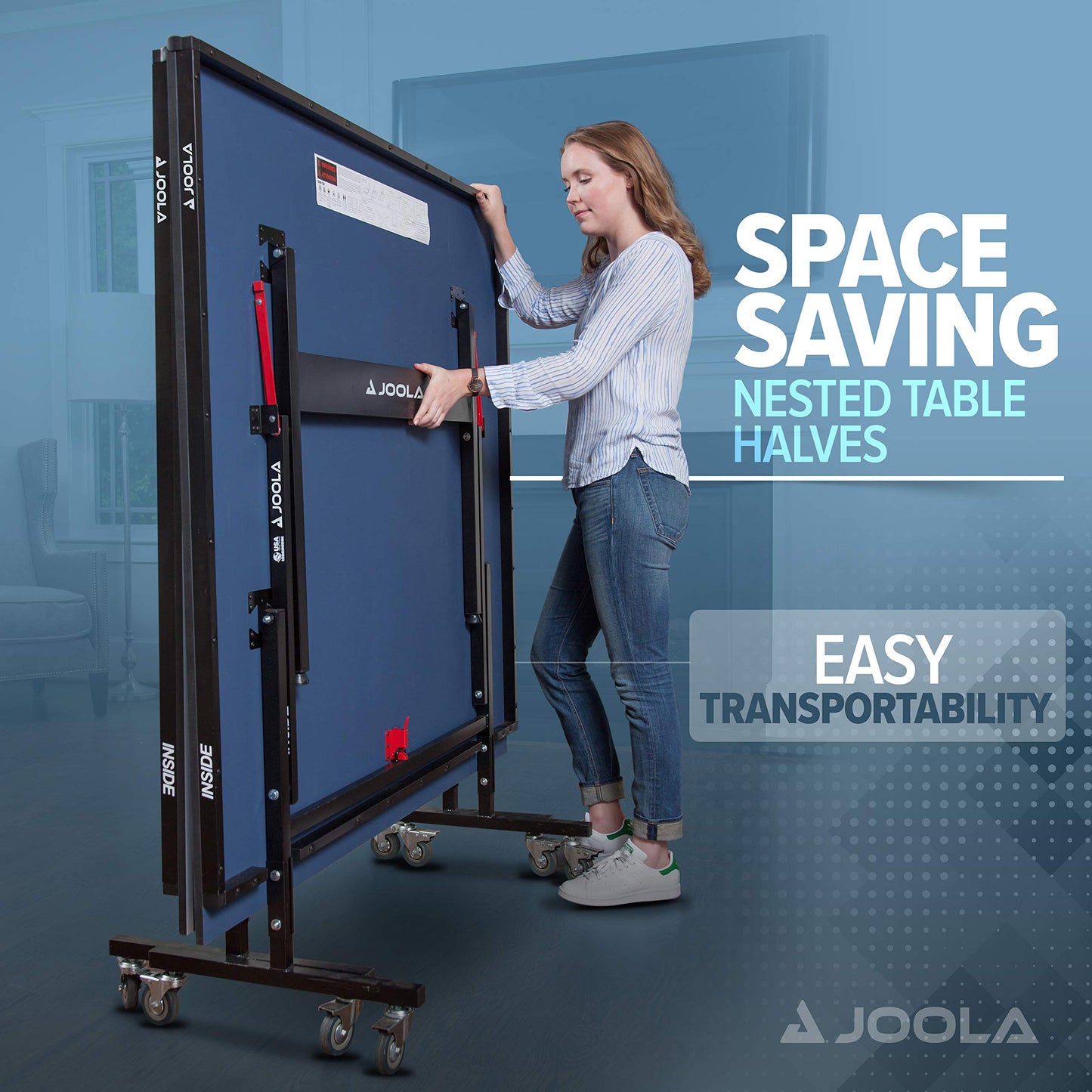 JOOLA Inside Professional MDF Indoor Ping Pong Table with Quick Clamp Table Tennis Net and Post Set - 10 Minute Easy Assembly - Tournament Quality - Foldable with Single Player Playback Mode, Blue