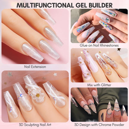 Makartt Clear Gel Builder Kit: Self-Levelling, Long Lasting Extension Hard Gels for Strengthener, Broken Nails Repair Gel Kit with Paper Forms, Dual forms, Nail File and Dual-End Brush 1.06 oz