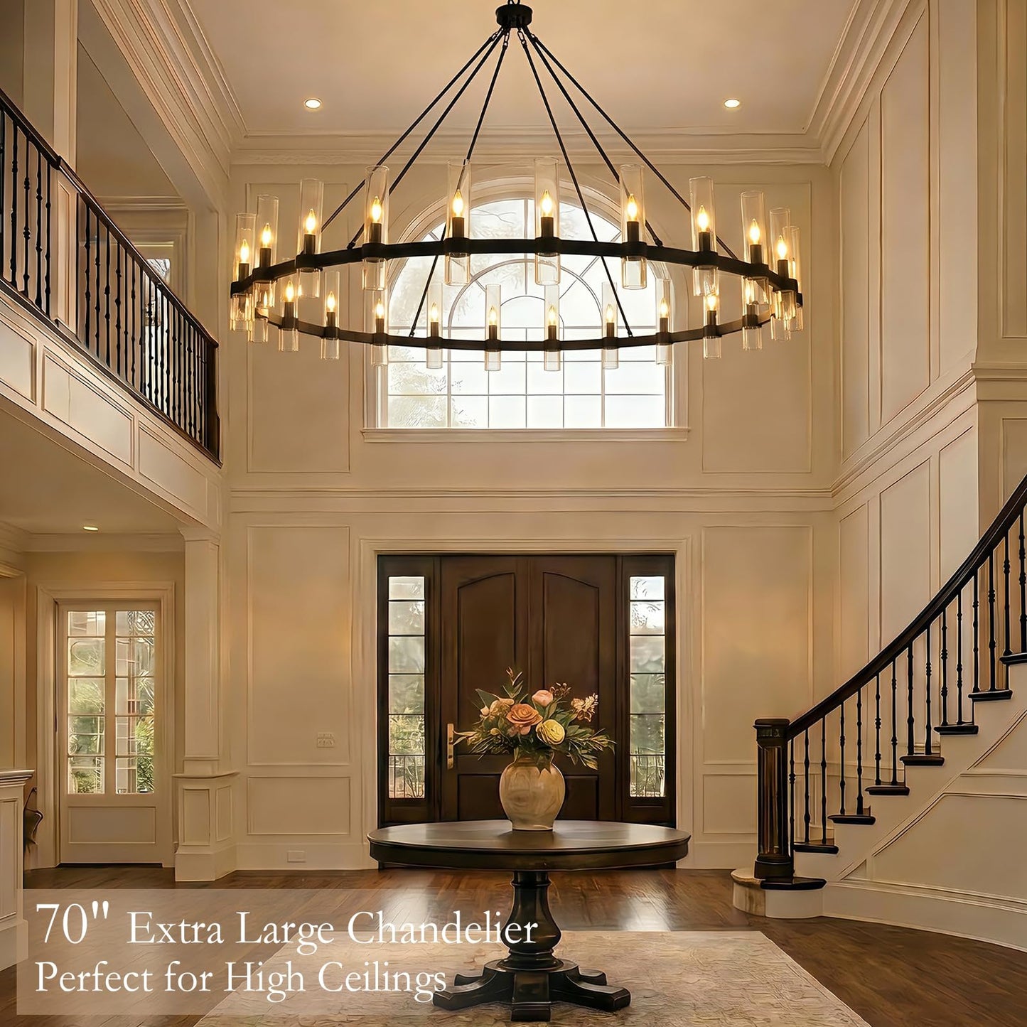 Black Wagon Wheel Chandelier 70 Inch, Large Chandeliers for High Ceilings, 24-Light Chandelier with Glass Shade, Modern Farmhouse Chandeliers for Living Room, Dining Room and Foyer(24 Bulbs Included)