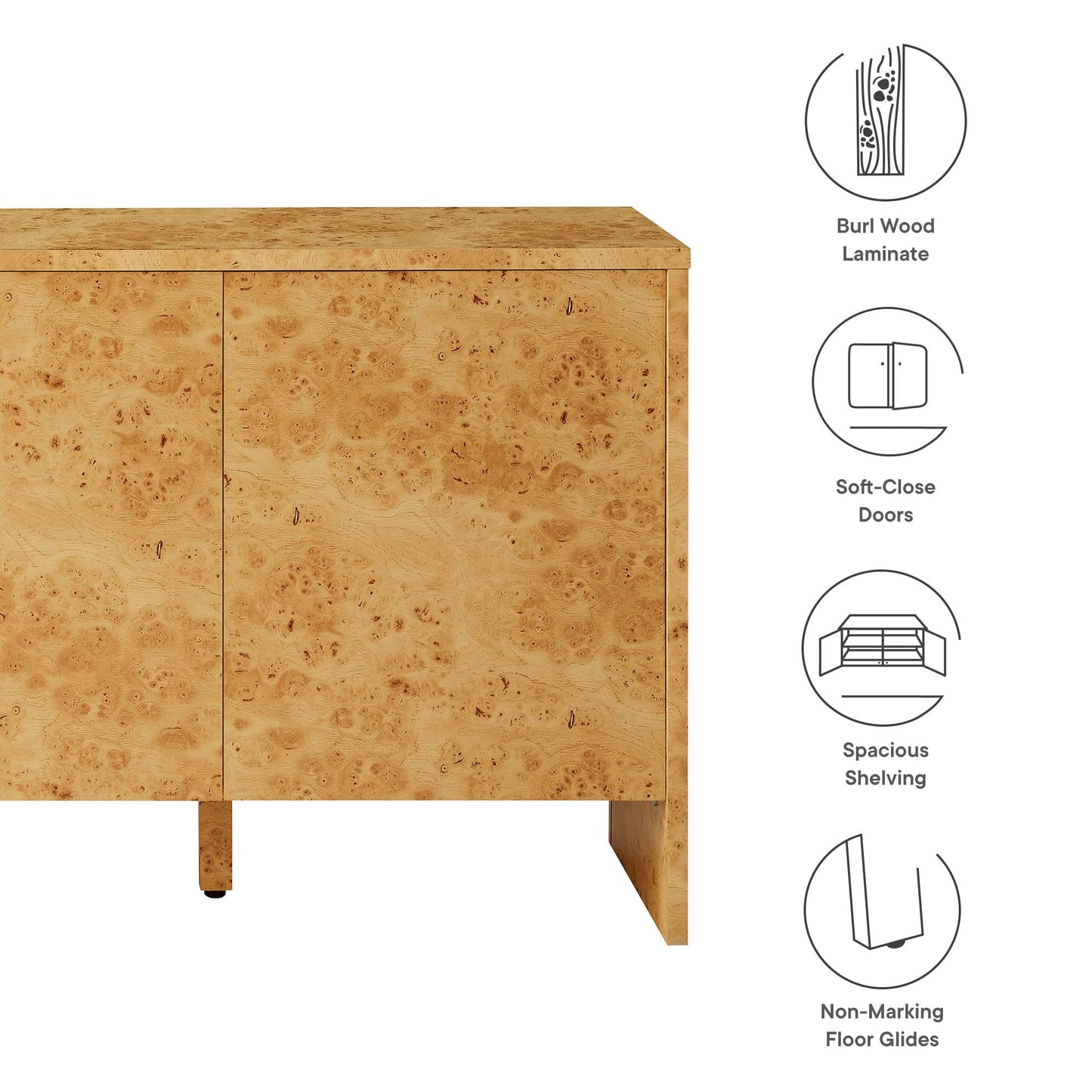 Modway Hudson Burl Wood Sideboard with 3 Doors in Natural - Modern Buffet Cabinet - Versatile High TV Stand Media Cabinet - 60 Inch Storage Sideboard for Living Room with Doors and Shelves