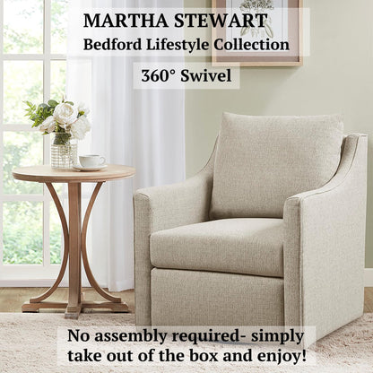 Martha Stewart Amber Swivel Chair for Living Room Barrel Style Bedroom Lounge Removable Foam Seat Cushion Upholstered, Nursery Furniture, Metal Base, Fully Assembled, 30.5" D x 30" W x 35" H, Natural