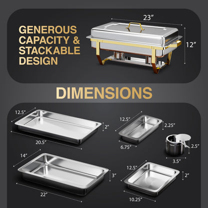 Gold Chafing Dishes for Buffet 4 Pack (7 Pans + Utensils) - 9QT Stainless Steel Chafing Dish Buffet Set - Food Warmers for Parties Buffet - Buffet Servers and Warmers (4 PACK + 7 PANS + 7 UTENSILS)